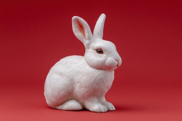 Serene White Rabbit Figurine: Elegant Minimalist Sculpture on Red