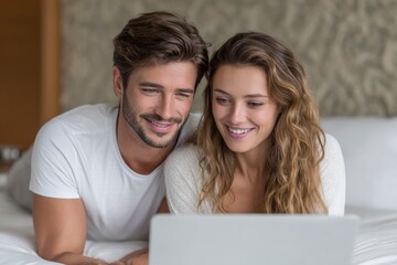 Couple's Intimate Laptop Moment: Serene Bedroom Setting