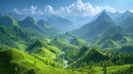 Fototapeta premium Majestic Mountain Range Panorama: A Breathtaking View of Verdant Peaks and Serene Valley