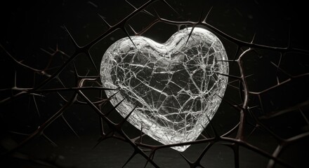 A glass heart with visible cracks, surrounded by thorns made of words like 'doubt', 'fear', and 'what if