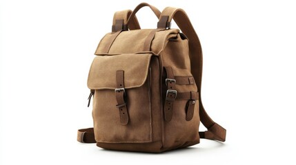 Naklejka premium Tan canvas backpack isolated on white background.