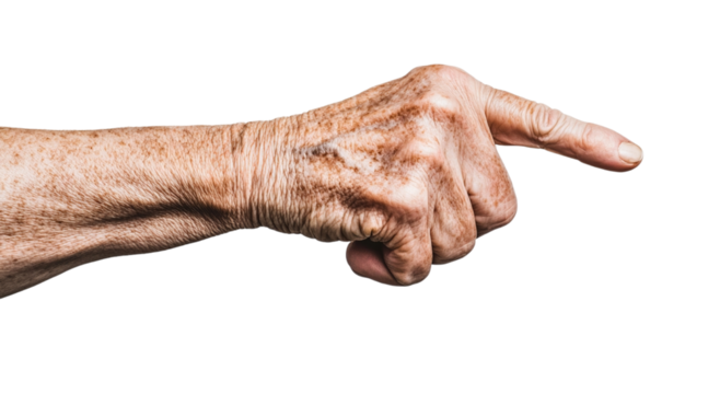 Png of A close-up of an elderly hand with prominent veins and age spots, pointing decisively against a stark black background.