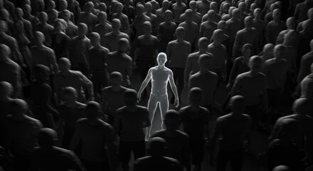 A faceless crowd rushing in all directions, while one figure stands frozen and transparent in the middle