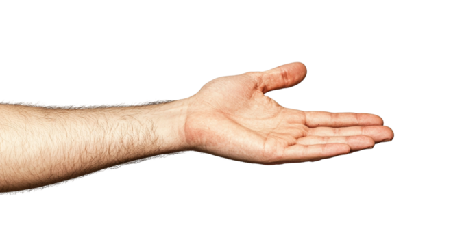 Png of A close-up of a male hand, showcasing fair skin and slightly hairy forearm, extending outward as if offering something.