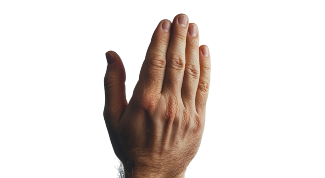 Png of A close-up of a man's hand with light skin, fingers slightly curled, set against a dark background.