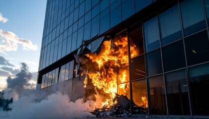 Crisis situation with glass commercial building exterior partially collapsed, with strong light and smoke coming from inside
