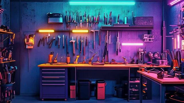 A well-organized, vibrant workshop.  Full of tools and equipment, ideal for crafting and DIY projects