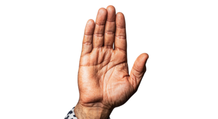 Png of An open hand showing palm with detailed textures, displaying warmth and expressiveness in a neutral light setting.