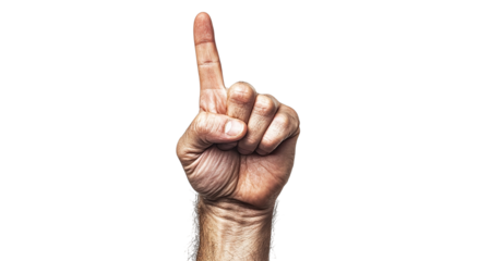 Png of A close-up of a male hand, Caucasian, raised with the index finger pointing upward, symbolizing 'number one' or victory.