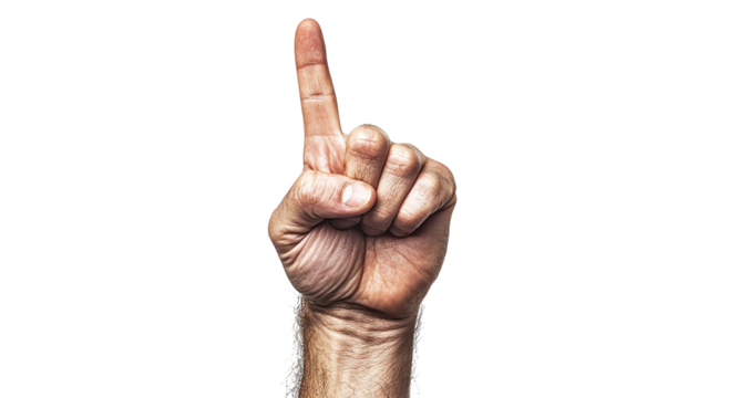 Png of A close-up of a male hand, Caucasian, raised with the index finger pointing upward, symbolizing 'number one' or victory.