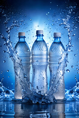 Three Plastic Water Bottles with Splash on Blue Background