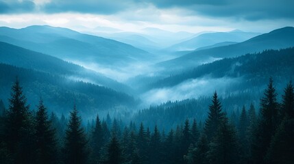 Misty blue mountain range with coniferous forest.