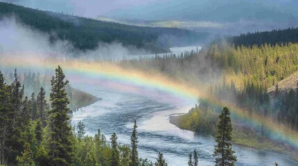 A river winding through a dense forest in a national park, with the colors of a rainbow softly appearing above the mist rising from the water.