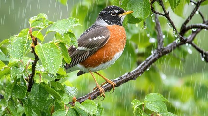 A robin perched amidst the green leaves of a tree, its feathers glistening with raindrops as it waits for the rain to pass.
