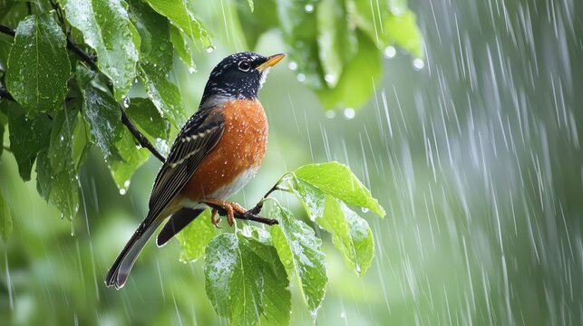 A robin perched amidst the green leaves of a tree, its feathers glistening with raindrops as it waits for the rain to pass.