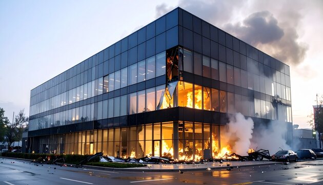Crisis situation with glass commercial building exterior partially collapsed, with strong light and smoke coming from inside