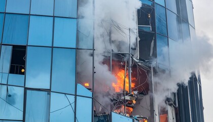 Crisis situation with glass commercial building exterior partially collapsed, with strong light and smoke coming from inside