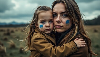 Fototapeta premium A beautiful Ukrainian woman and her daughter showcase solidarity on International Women's Day with painted faces in a serene rural setting