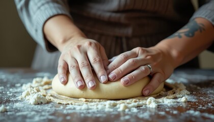 A beautiful Ukrainian woman skillfully kneads dough on a wooden table, embracing the art of baking in a festive atmosphere