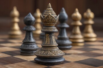Fototapeta premium Ornate Chess Queen: Dark & Gold, Majestic Style