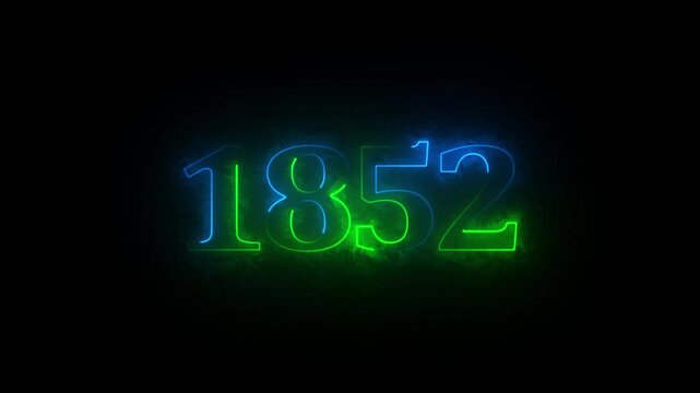 1852 neon line text. Abstract 1852 neon text animation ,For neon color Glowing neon number text background 4k video animation . 1852 title metal text on black alpha channel background. 