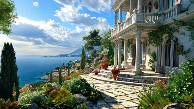 Mediterranean luxury villa with breathtaking ocean view. Lush gardens and stone pathways lead to a grand, white-columned portico