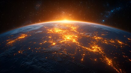 Obraz premium Sunrise over Earth, city lights glowing at night.