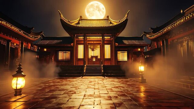 A serene Chinese palace at night, illuminated by a full moon