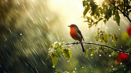 A robin perched on a branch, surrounded by droplets of water, its bright red chest standing out in the soft mist of the rainy day.