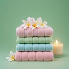 Stacked Pastel Towels with Frangipani Flowers and Candlelight for Relaxation