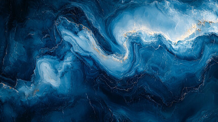 Abstract painting design with flowing blue and silver tones.