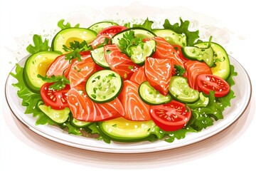 Fresh Salmon Salad Vibrant Avocado with Tomato, and Cucumber Plate Illustration.