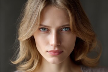 Obraz premium Intriguing Blonde Woman: Close-up Portrait with Serene Mood