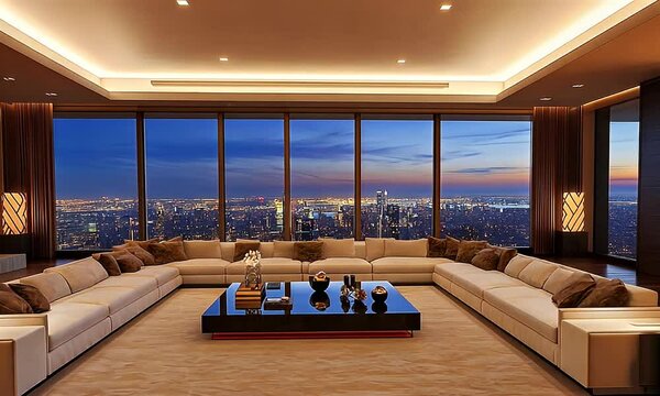 Luxurious apartment boasts panoramic city views at night, featuring a large sectional sofa and modern coffee table