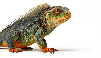 Fototapeta premium Vividly Colored Iguana with Textured Skin and Spiky Crest on White Background