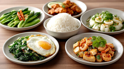 A variety of Asian dishes including rice, vegetables, tofu, shrimp, and a fried egg are beautifully arranged on a wooden table.