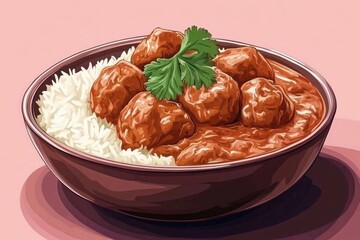 Meatball Curry Delight  Bowl of Rich with Spicy Sauce and Rice.
