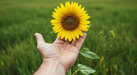 Fototapeta premium Hand Holding Sunflower in Green Field
