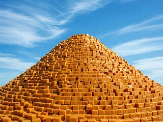 Caramel pyramid under blue sky, a surreal food concept showcasing stacked cubes in vivid colors, ideal for abstract, fantasy, and creative design inspiration.

