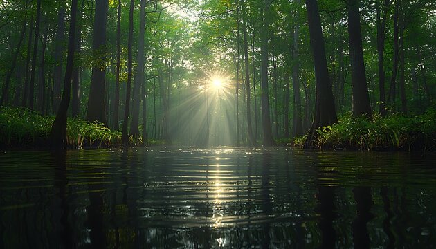 Sunlight streams through a misty forest waterway. - Powered by Adobe