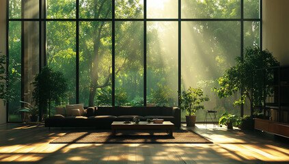 Modern living room with large windows showcasing a lush garden, bathed in morning sunlight.  Interior design elements include a dark sofa, a coffee table, plants, and hardwood floors