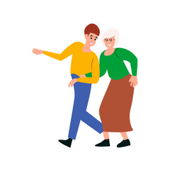 Young Man Assisting Elderly Woman Walking