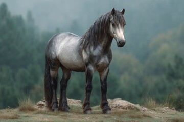 Obraz premium Majestic Grey Horse in Misty Landscape: A Serene Equestrian Portrait