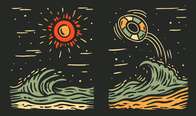 Bright Doodle Style Sun and Waves Illustration for Apparel Design