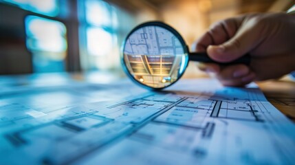 Architectural plans being examined through a magnifying glass