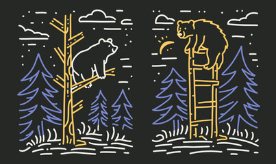 Creative Doodle of Bear Climbing Tree and Sitting on Ladder