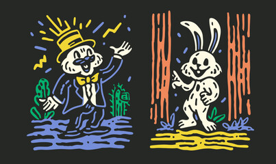Obraz premium Colorful Doodle of a Rabbit and a Character in a Black Background