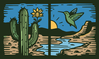 Colorful Doodle of Cactus and Hummingbird in Vibrant Desert Scene