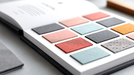 A book displaying a variety of colorful fabric swatches arranged neatly on a table.