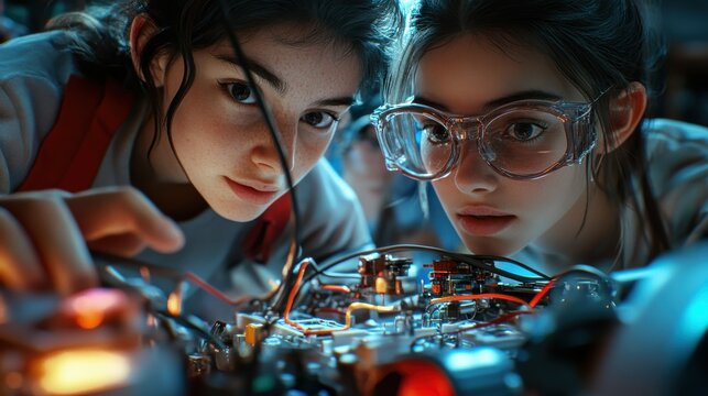 A close-up shot of a teacher and her students working together on wiring a robotic car, their faces showing excitement and curiosity
